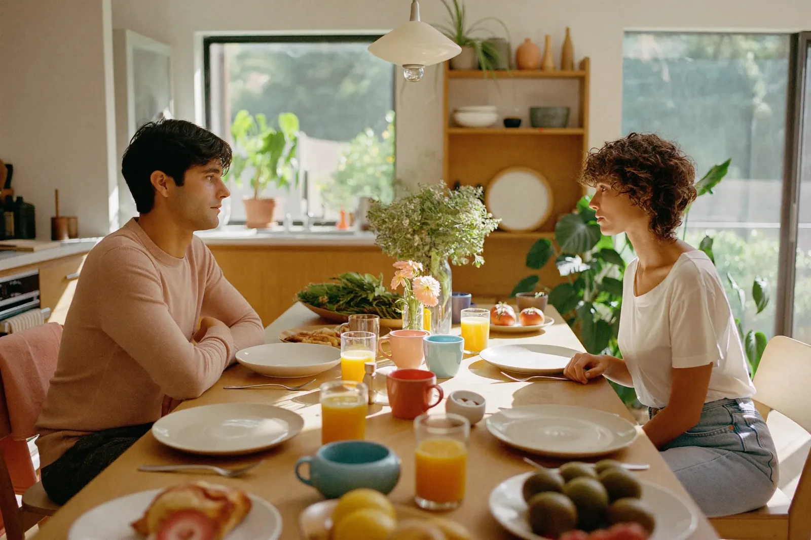 A couple sitting across the breakfast table in silence, looking at each other