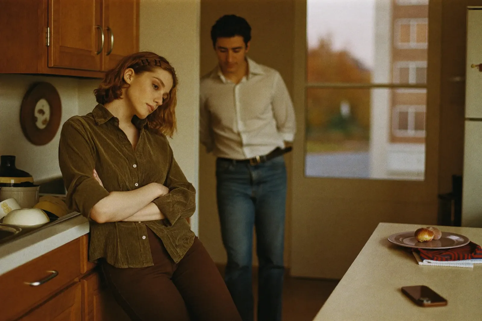 A tense kitchen scene: she leans against the counter with arms crossed, he stands in the doorway behind her